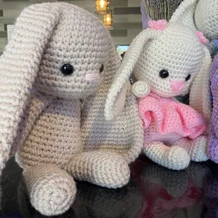 Home made crochet bunnies inside, made by the owner. Too cute