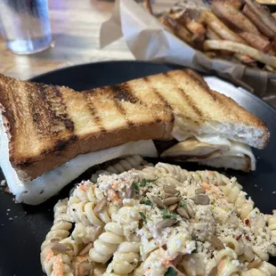 Pierogi grilled cheese and pasta salad