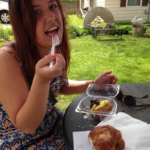 Enjoying a fruit tart!