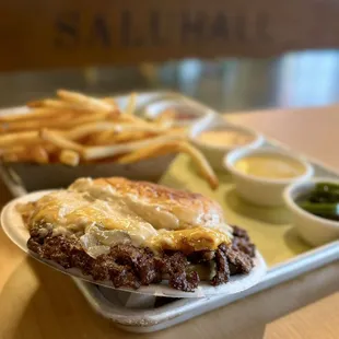 Cheeseboiga: Yellow american cheese, pickles, caramelized onions, vic mac sauce (S-$13), Fries ($4.5), Jalapeños ($1), Everything Sauce ($2)