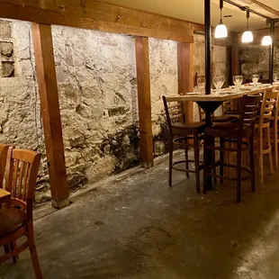a dining area in a basement