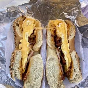Bacon, egg, and cheese on an everything bagel.