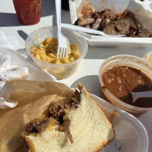 Lady Mel - grilled cheese &amp; brisket   Mac &amp; cheese / Baked beans