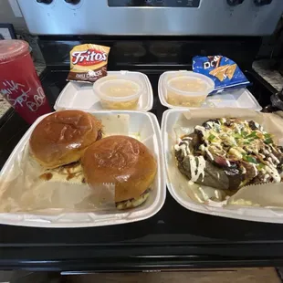 2 Classic Brisket Sam&apos;Miches $10 each 2 Mac N Cheese $3.25 each  1B.B.King Potato $17  Kool-Aid $3
