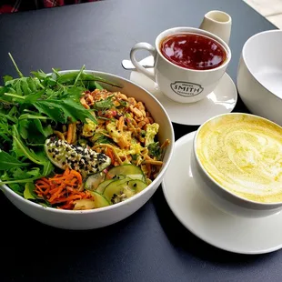 Tumeric Noodle Bowl, Lord Bergamot Tea, and a Golden Light Latte