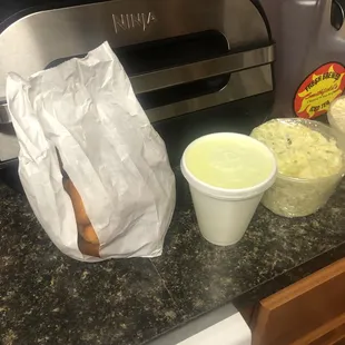 1 busted bag of hush puppies meal is suppose to have 2 bags and no bbq that came with the special