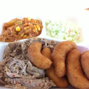 BBQ, Brunswick Stew, Slaw, n Hush puppies. Delish!!