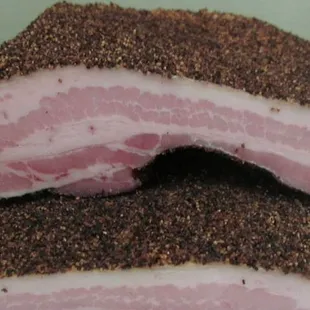 Our Black Pepper Dry Cured Bacon. One of three varieties available.