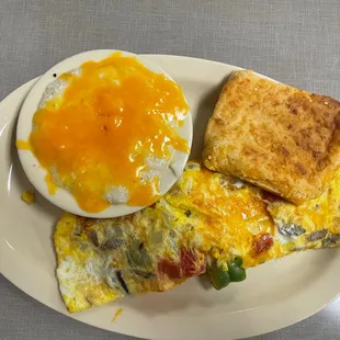 Garden Omelet with Cheesy Grits and a Cheese Biscuit