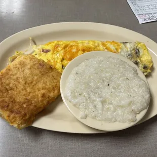 American Omelet with Sausage, Grits and a Cheese Biscuit