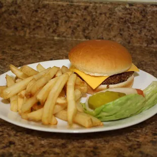 a hamburger and fries on a plate