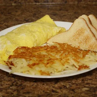 Breakfast Omelette, Hash browns and White Toast