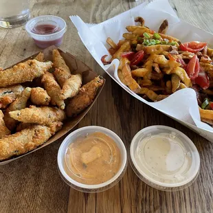 Fried okra (left), smithtown loaded fries (right), can&apos;t remember the dips
