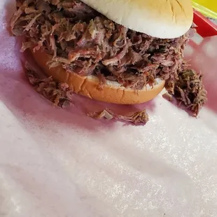 a pulled pork sandwich and chips