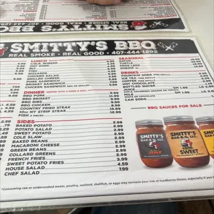 a menu for smitty's bbq