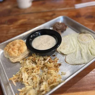 Country breakfast with the fluffiest buttermilk biscuit!!