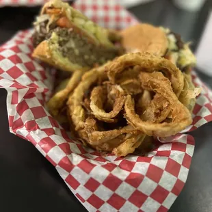 Double w/ Cheese and homemade onion rings!