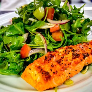 Grilled Salmon Salad - Black Pepper Vinaigrette, Wild Arugula, Avocado, Red Onion, Tomato, Olives, Dijonaise