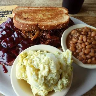 Rib and Pulled Pork combo with beans and tater salad- a TASTY meal @ Smitty's!
