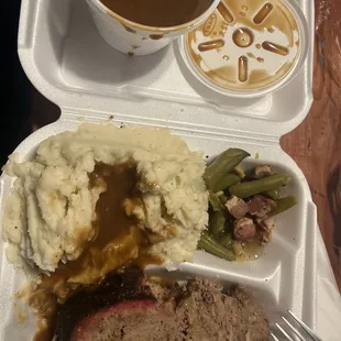 Smoked meatloaf, mashed potatoes and green beans with bacon!