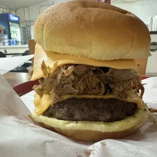 Burger with barbecue pulled pork on it!