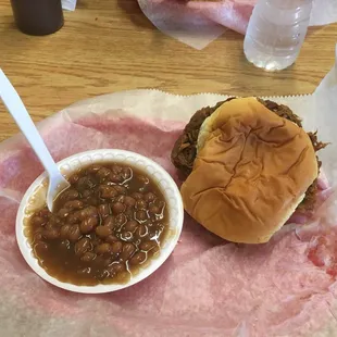 Pulled pork with baked beans.