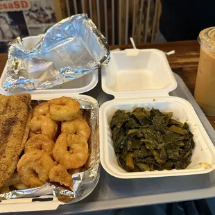 Seafood Basket (catfish, shrimp and fries) and a side of collard greens