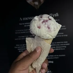 This is my Lemon Blueberry Woodley Park single scoop on a waffle cone.