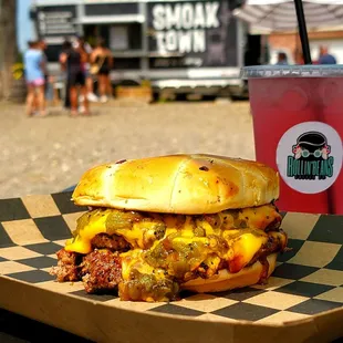Brisket Burger, smothered in cheese &amp; Hatch Chile. Smoak Town BBQ, in Fate, Texas.