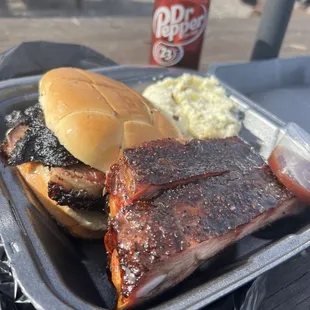Sliced beef sandwich, 2 ribs &amp; potato salad.  Sooooooo gooooood!!!