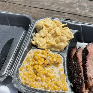 Beef brisket, sweet cream corn, Mac and cheese.