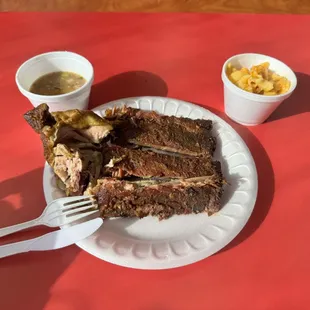 Ribs and Chicken with side of the Mac &amp; Cheese and Brisket baked beans