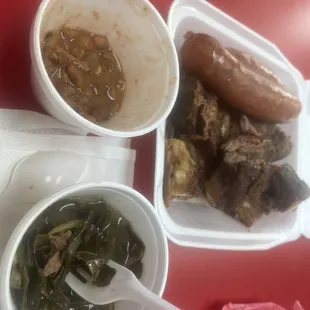 8 oz. Collard Greens TWO HOT LINK 8 oz. Smoakie Beans 1/2 lb. Rib Tips