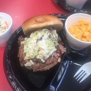 Pulled pork sandwich w cole slaw and a Mac n cheese