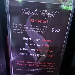 Cigar and tequila pairing menu