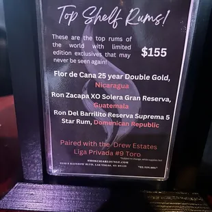 Cigar and rum pairing menu