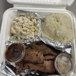 Brisket (spicy) with sticky rice and Yum Yum Mac!