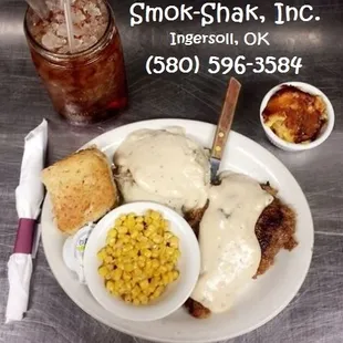 SMOK-SHAK FRIDAY SPECIAL - Chicken Fried Steak, mashed potatoes, country gravy, buttered corn, hot roll and cobbler $10.99.
