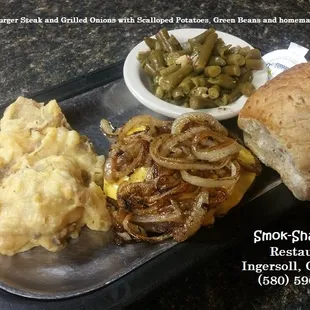 Smok-Shak Tuesday Special - CheeseburgerSteak, grilled onions, #scallopedpotatoes, #greenbeans and roll #smokshak #dailyspecial