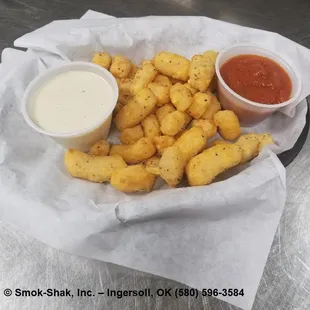 Smok-Shak FRIED CHEESE CURDS - Watonga Cheese Factory Mild or Jalapeno Cheddar Curds battered and deep-fried, served with dipping sauce.