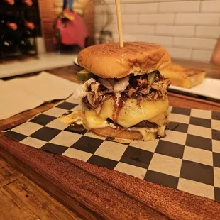 One of their Fridays burger specials, it was stuffed with mozzarella cheese and brisket on top of the burger.
