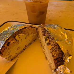 Everything bagel with jalapeno cream cheese and cold brew