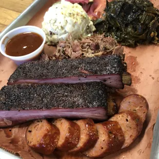 3 Meat Plate: Hot Link, Ribs, Pulled Pork, Potato Salad, Collard Greens