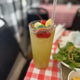 a drink and a plate of food