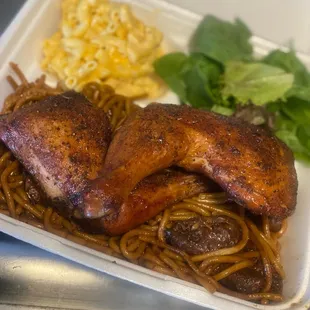 a meal in a styrofoam container