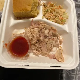 Chicken Platter , chicken is horribly dry and  there is  no seasoning the cornbread is ok