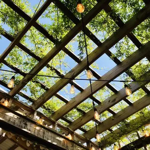 a wooden pergolated roof with hanging lights