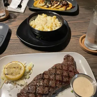 New York Strip, White Cheddar Mac, Pierogies