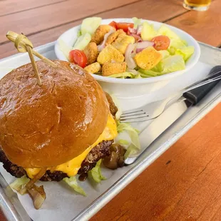 Cheeseburger and salad