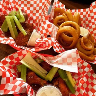 10 wingers with traditional and atomic sauces and a side of onion rings